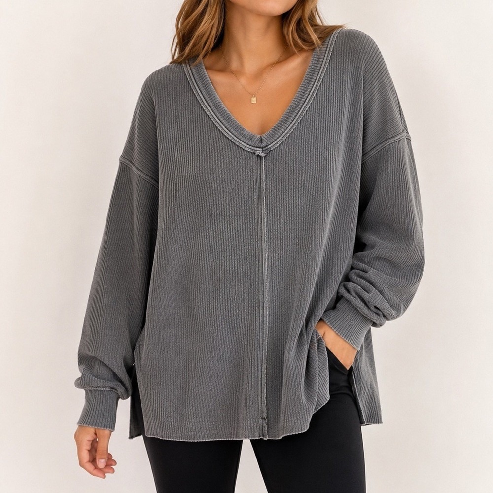 Aerie Oversized Ribbed Sweatshirt Womens S Gray Mineral Wash V Neck Cozy Lounge